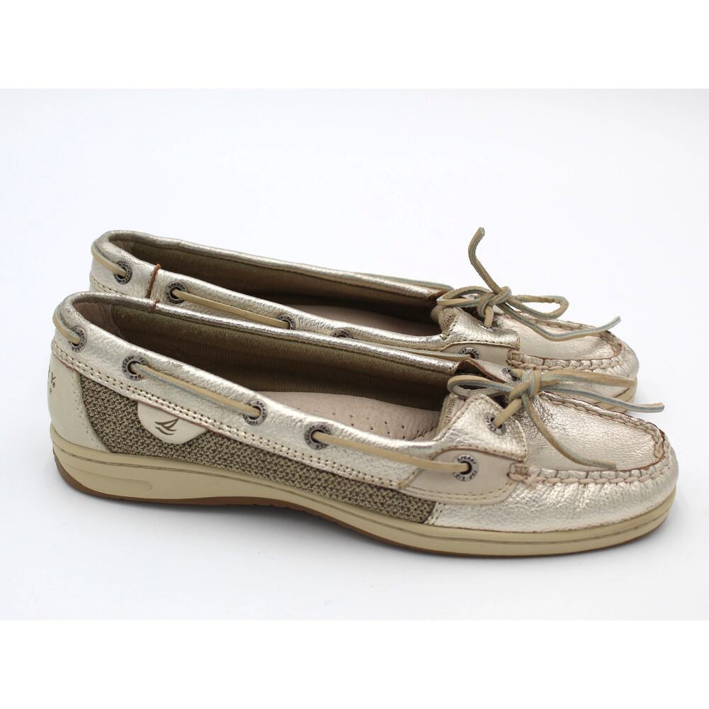 Sperry Top Sider Boat Shoe Women 8.5 Gold Metallic Leather Loafer Preppy Coastal